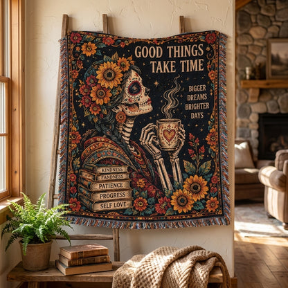 Good Things Take Time Sugar Skull Woman Woven Blanket