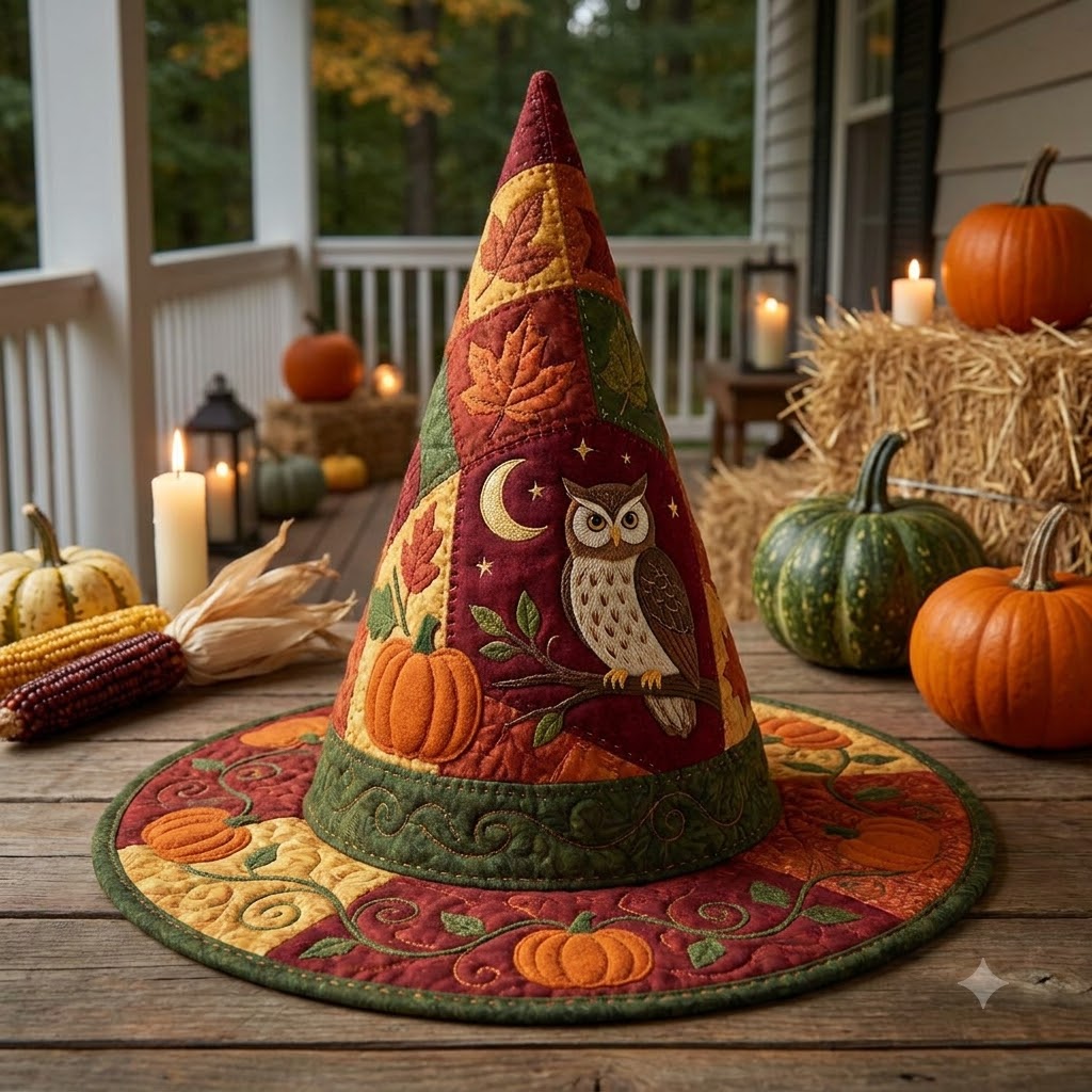 Autumn Owl Quilted Witch Hat
