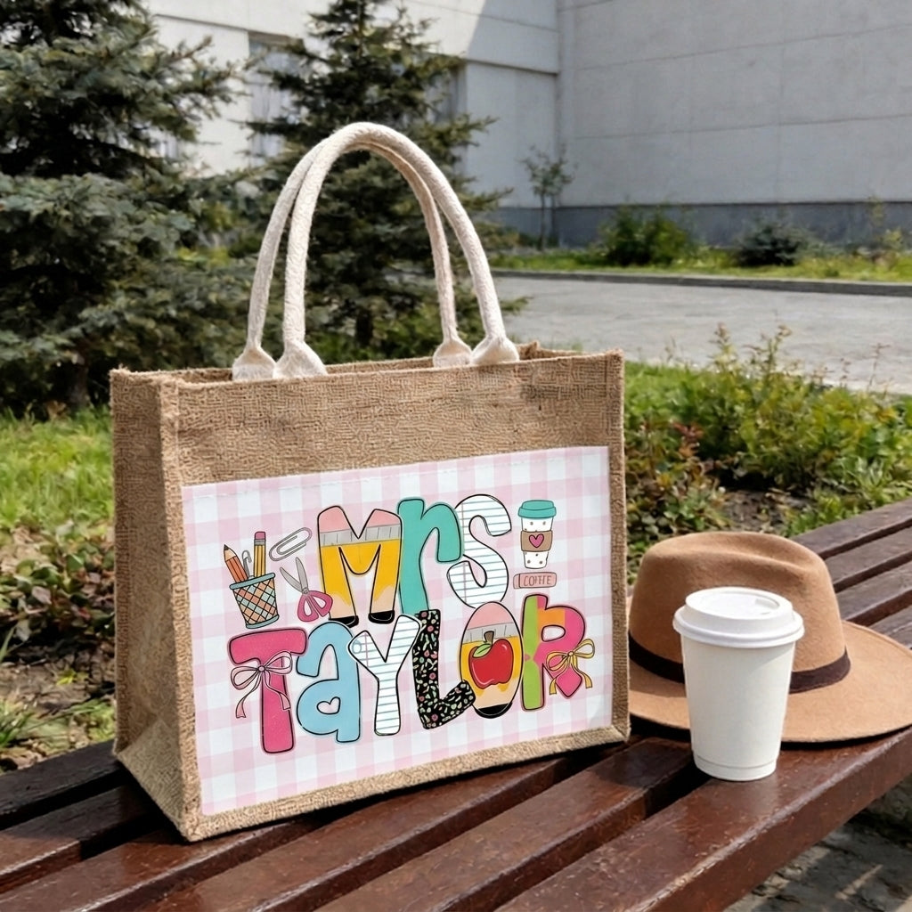 Teacher Name V2 Personalized Jute Tote Bag