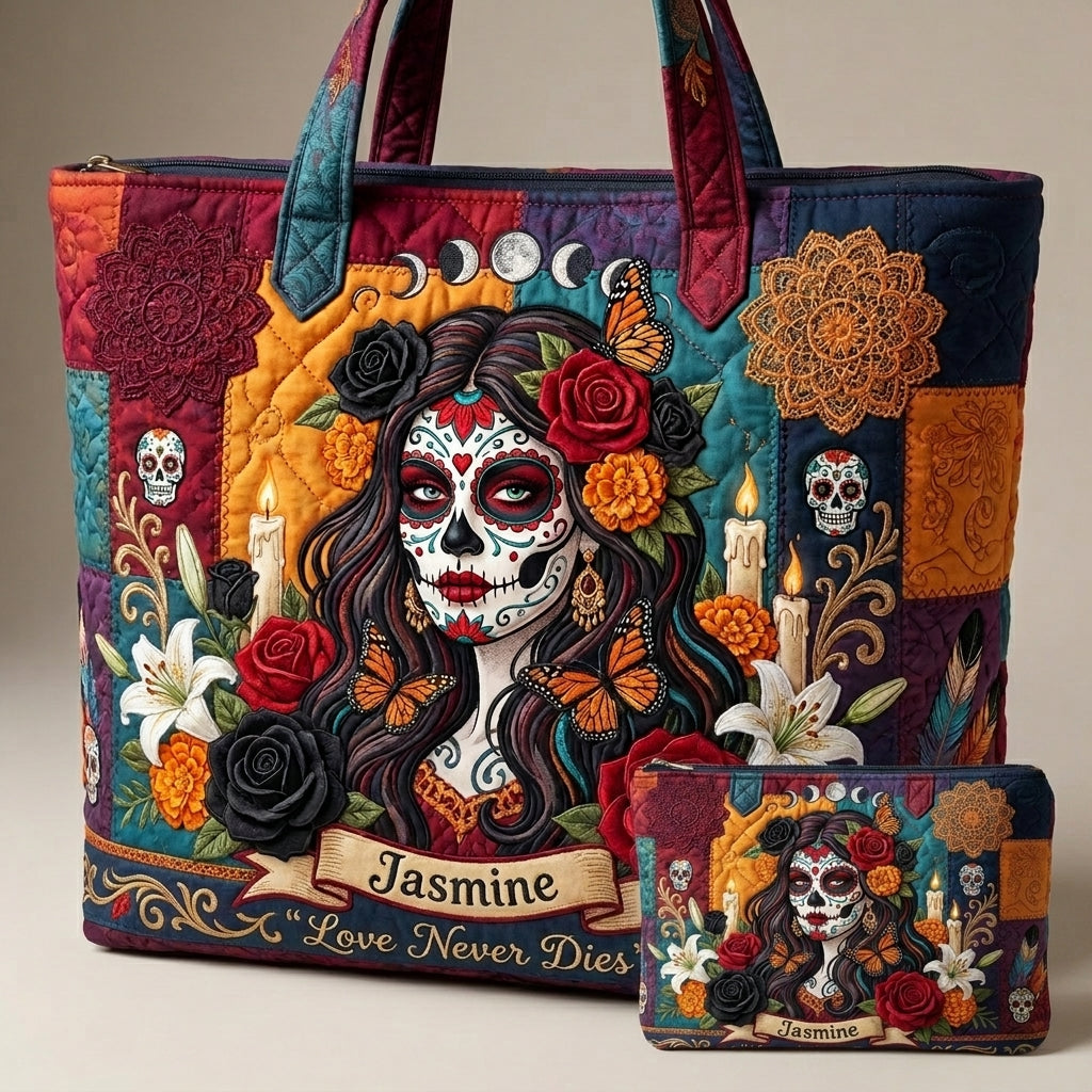 Love Never Dies Rose Skull Lady Personalized Quilted Tote Bag & Free-Motion Embroidery Wallet Set