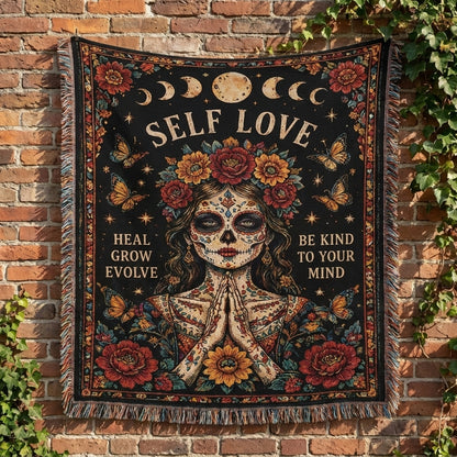 Self Love Sugar Skull Woman Floral Woven Blanket