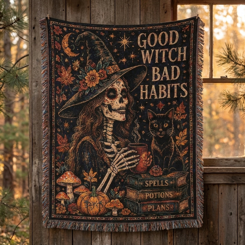 Good Witch Bad Habits Skeleton Witch & Black Cat Halloween Woven Blanket