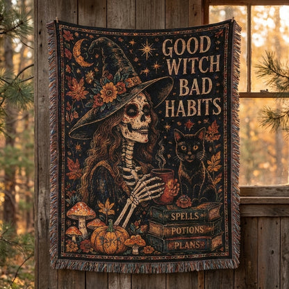 Good Witch Bad Habits Skeleton Witch & Black Cat Halloween Woven Blanket