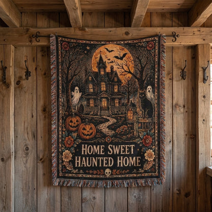 Home Sweet Haunted Home Halloween Haunted House Woven Blanket