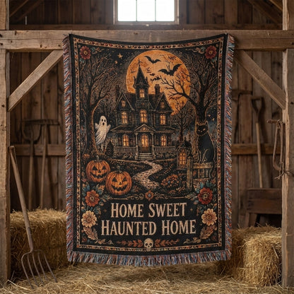 Home Sweet Haunted Home Halloween Haunted House Woven Blanket