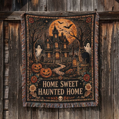 Home Sweet Haunted Home Halloween Haunted House Woven Blanket