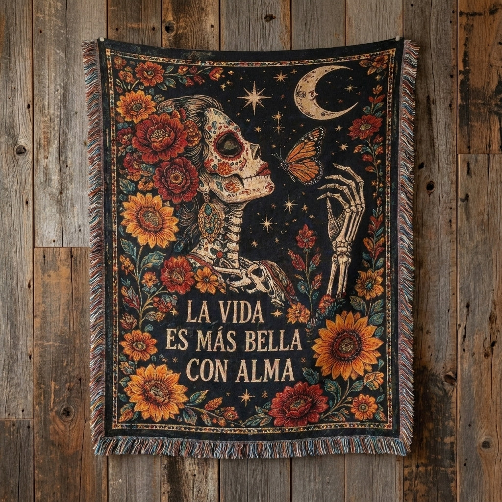 La Vida Es Más Bella Con Alma Floral Skeleton Woman Woven Blanket