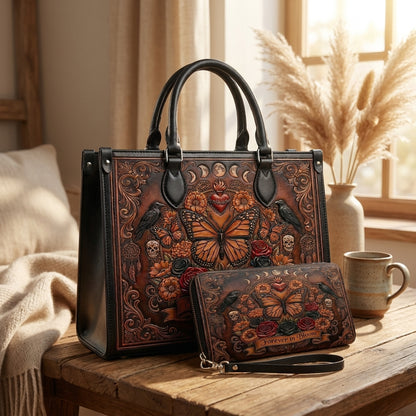 Monarch Butterfly Skull Leather Bag + Free Wallet