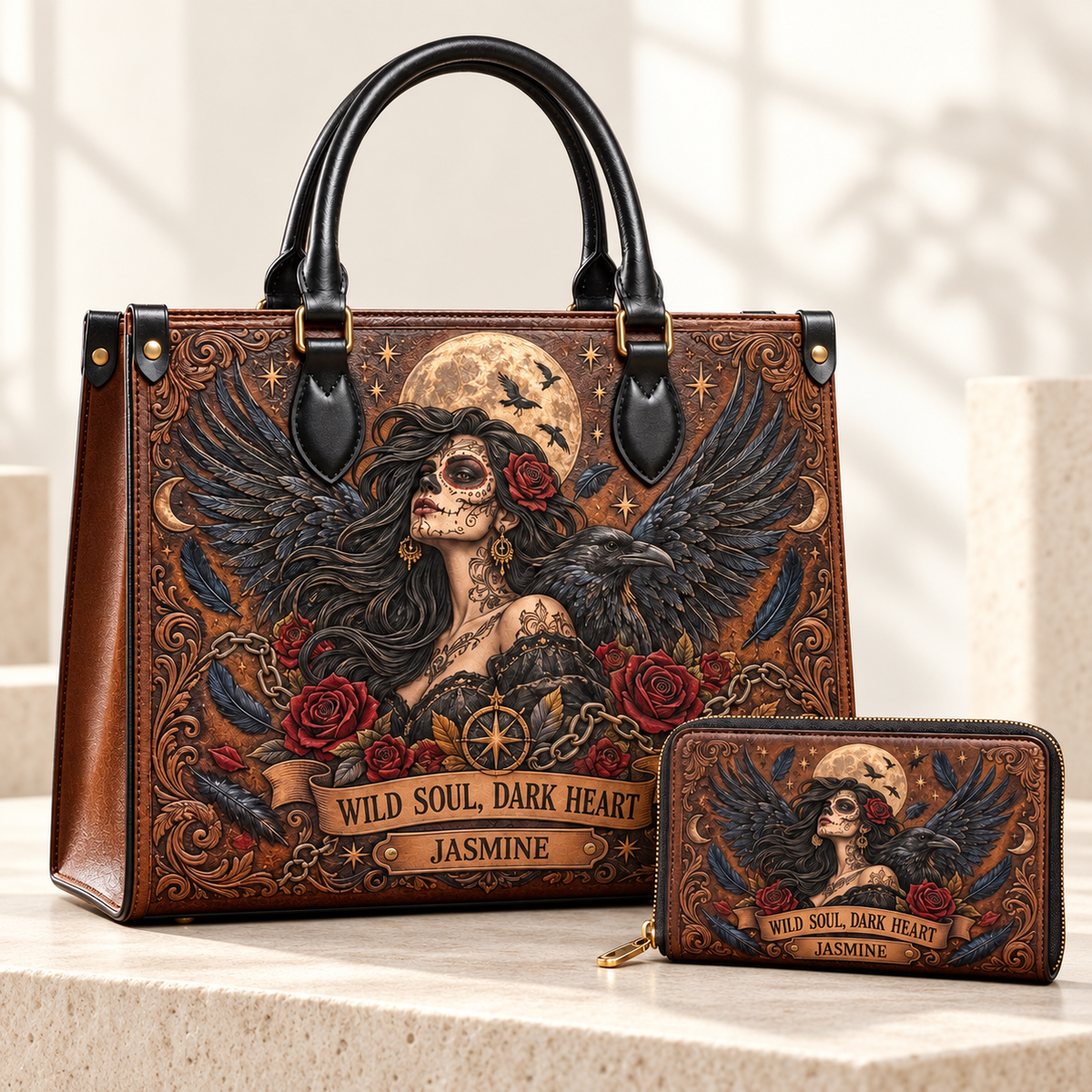 Personalized Wild Soul, Dark Heart Leather Handbag + Free Matching Wallet