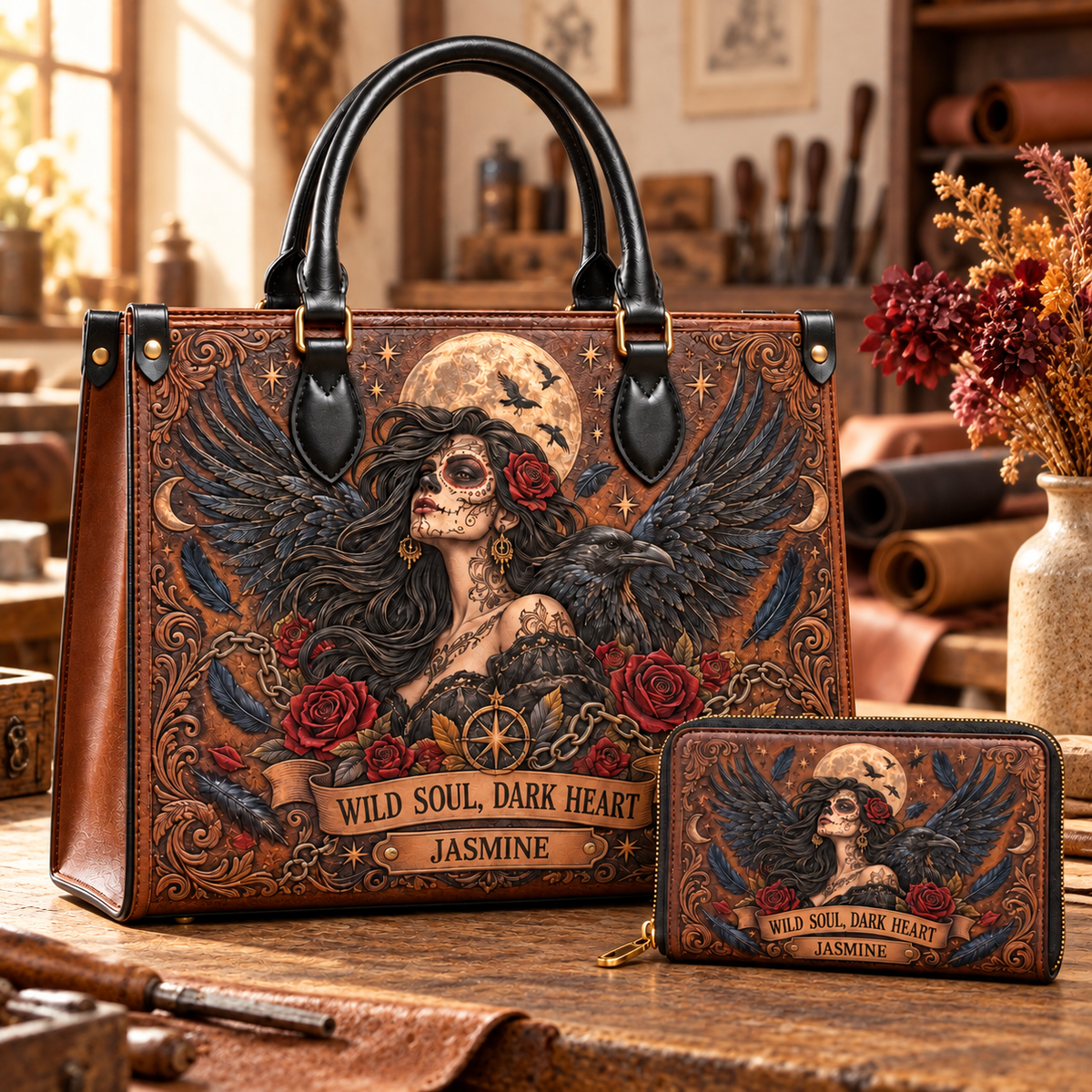 Personalized Wild Soul, Dark Heart Leather Handbag + Free Matching Wallet