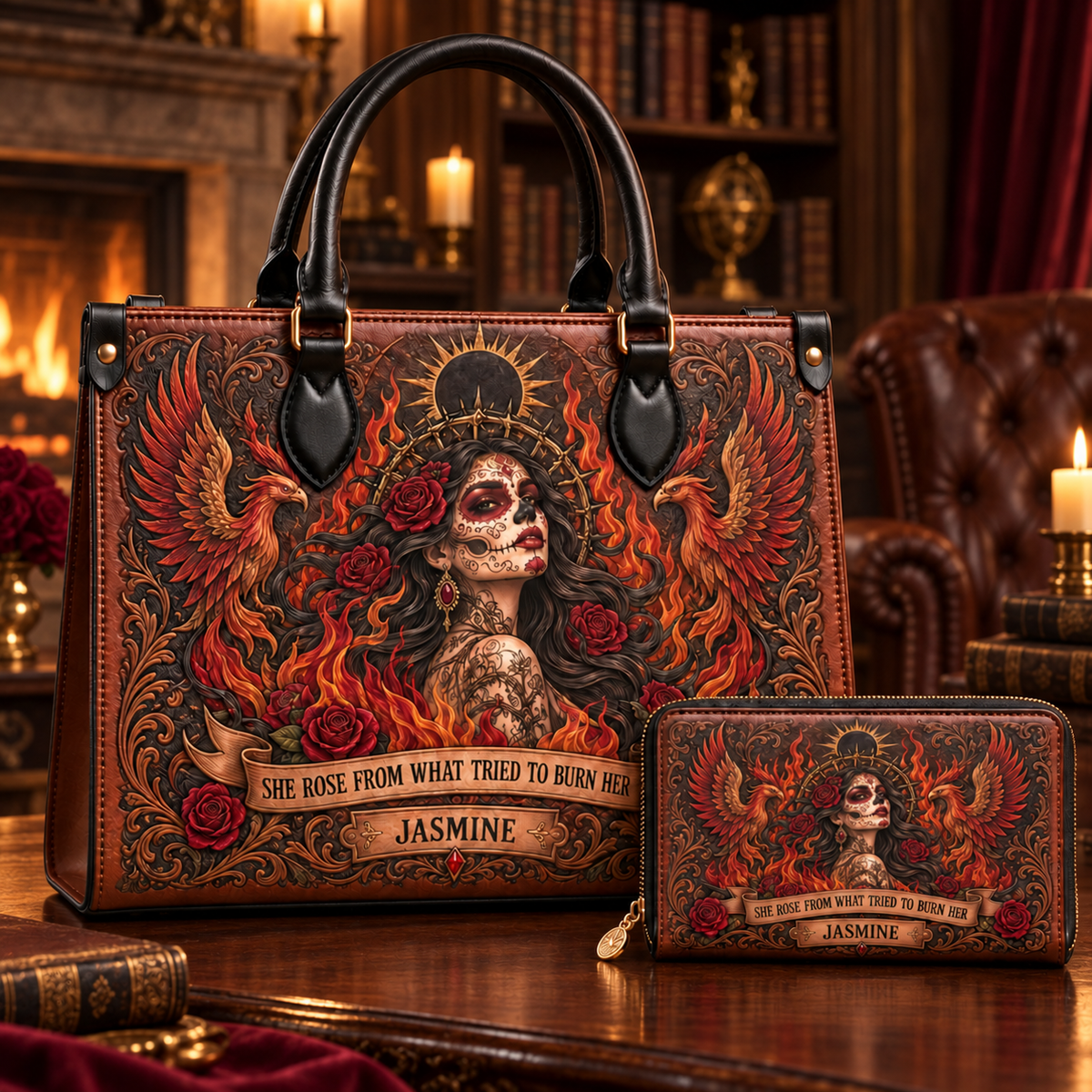 Personalized Born From Fire Leather Handbag + Free Matching Wallet