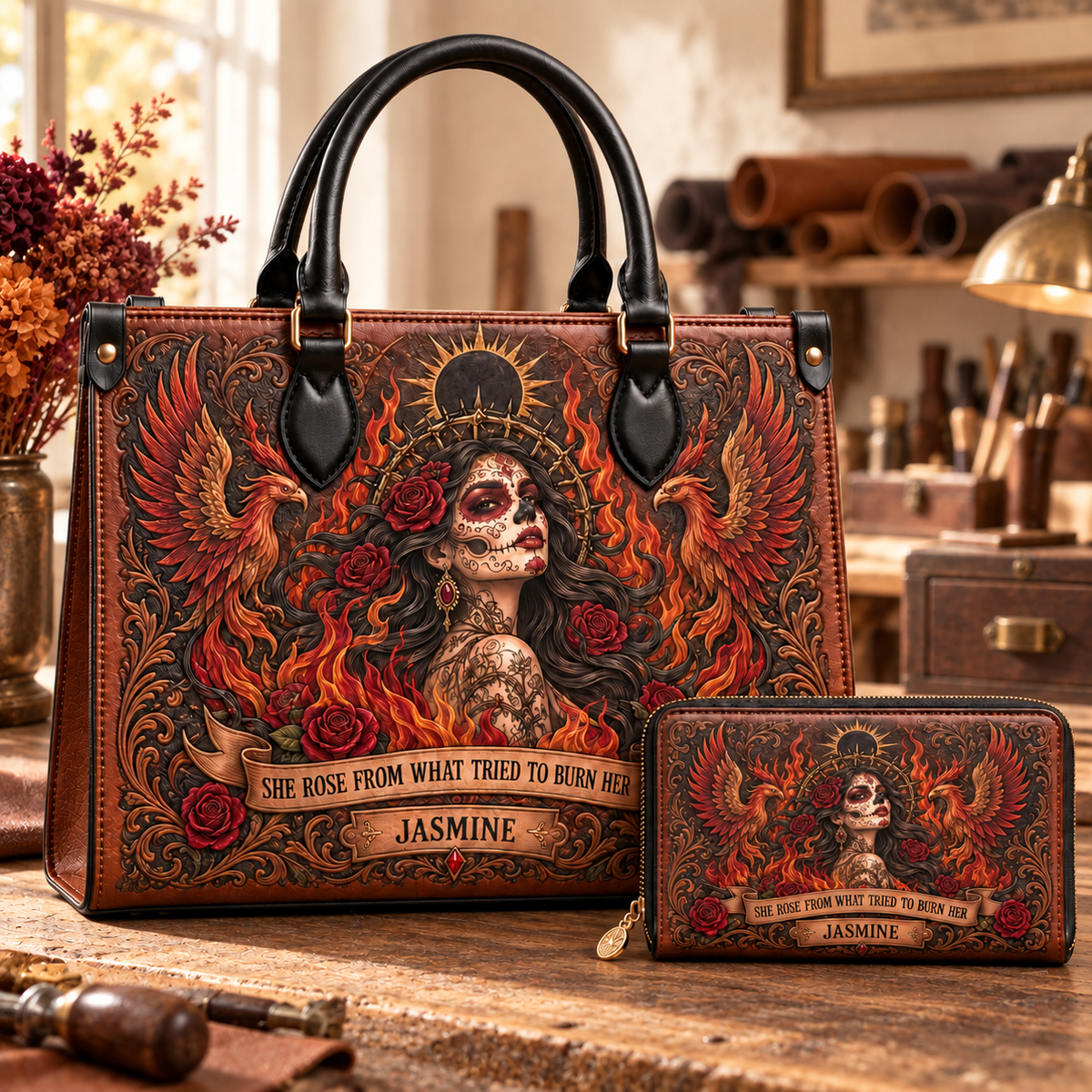Personalized Born From Fire Leather Handbag + Free Matching Wallet