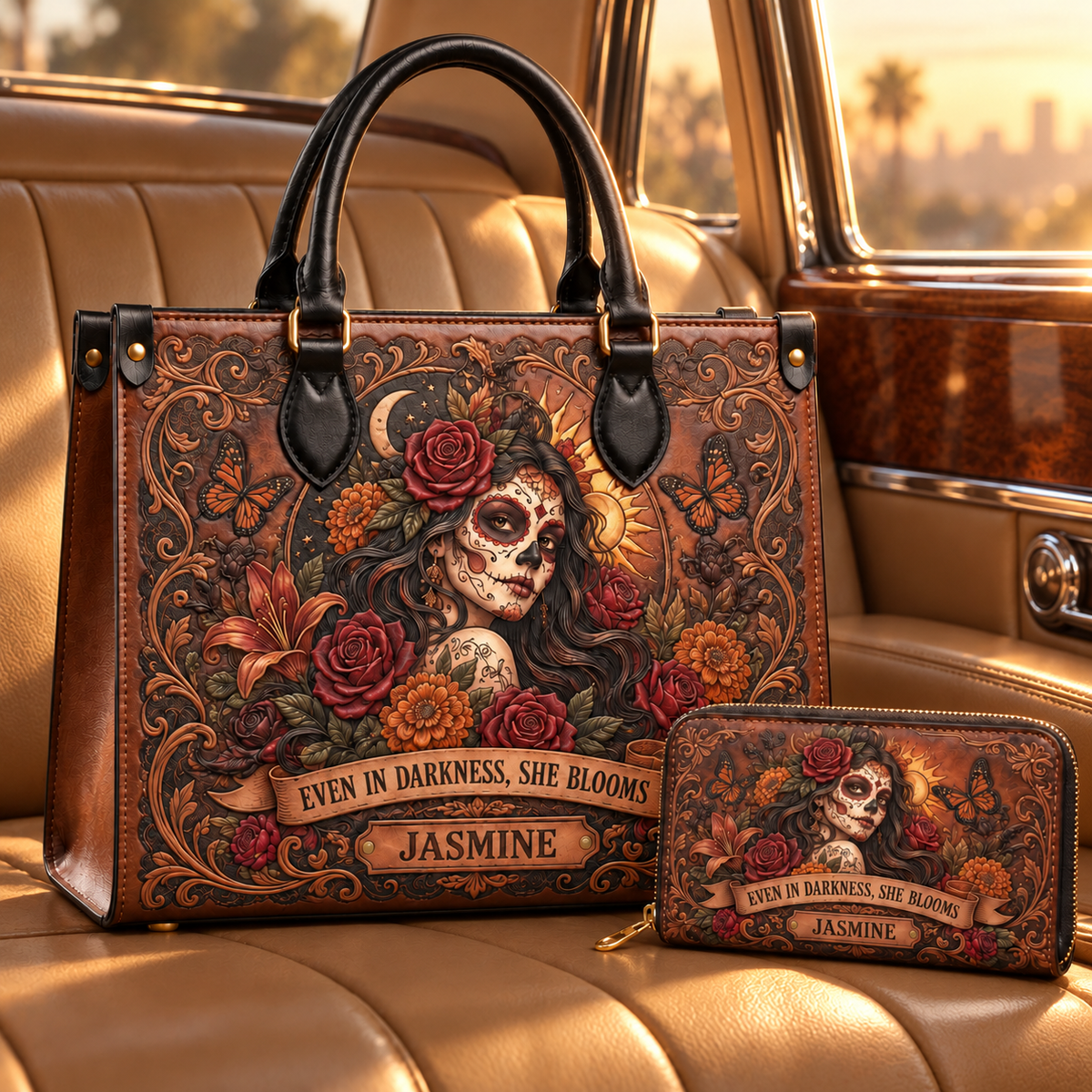 Personalized Bloom Through the Darkness Leather Handbag + Free Matching Wallet