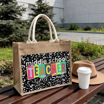 Teacher Name V1 Personalized Jute Tote Bag
