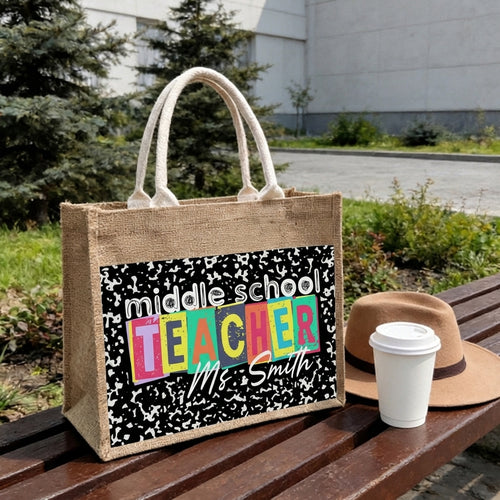 Teacher Name V1 Personalized Jute Tote Bag