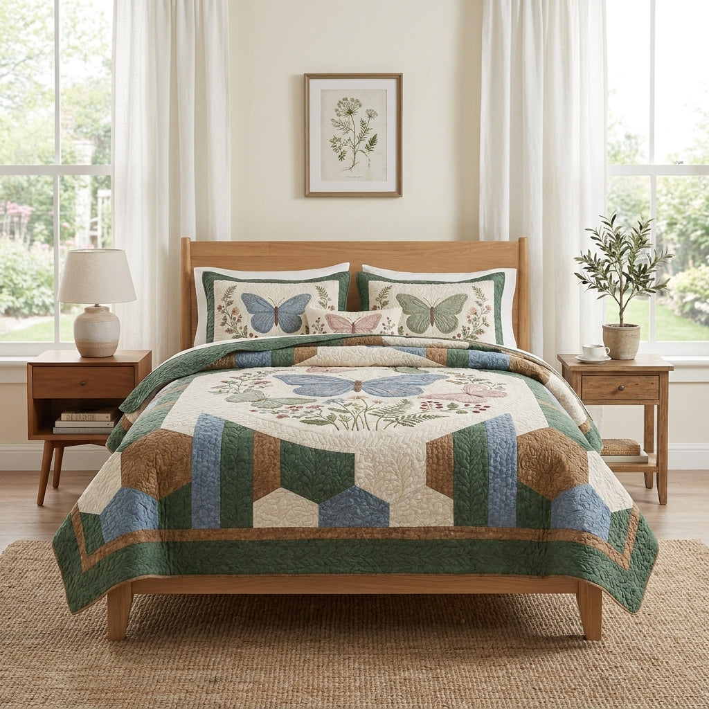 Blue Butterfly Quilted Bedding Set