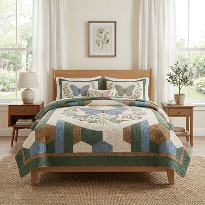 Blue Butterfly Quilted Bedding Set