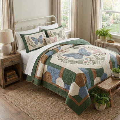 Blue Butterfly Quilted Bedding Set