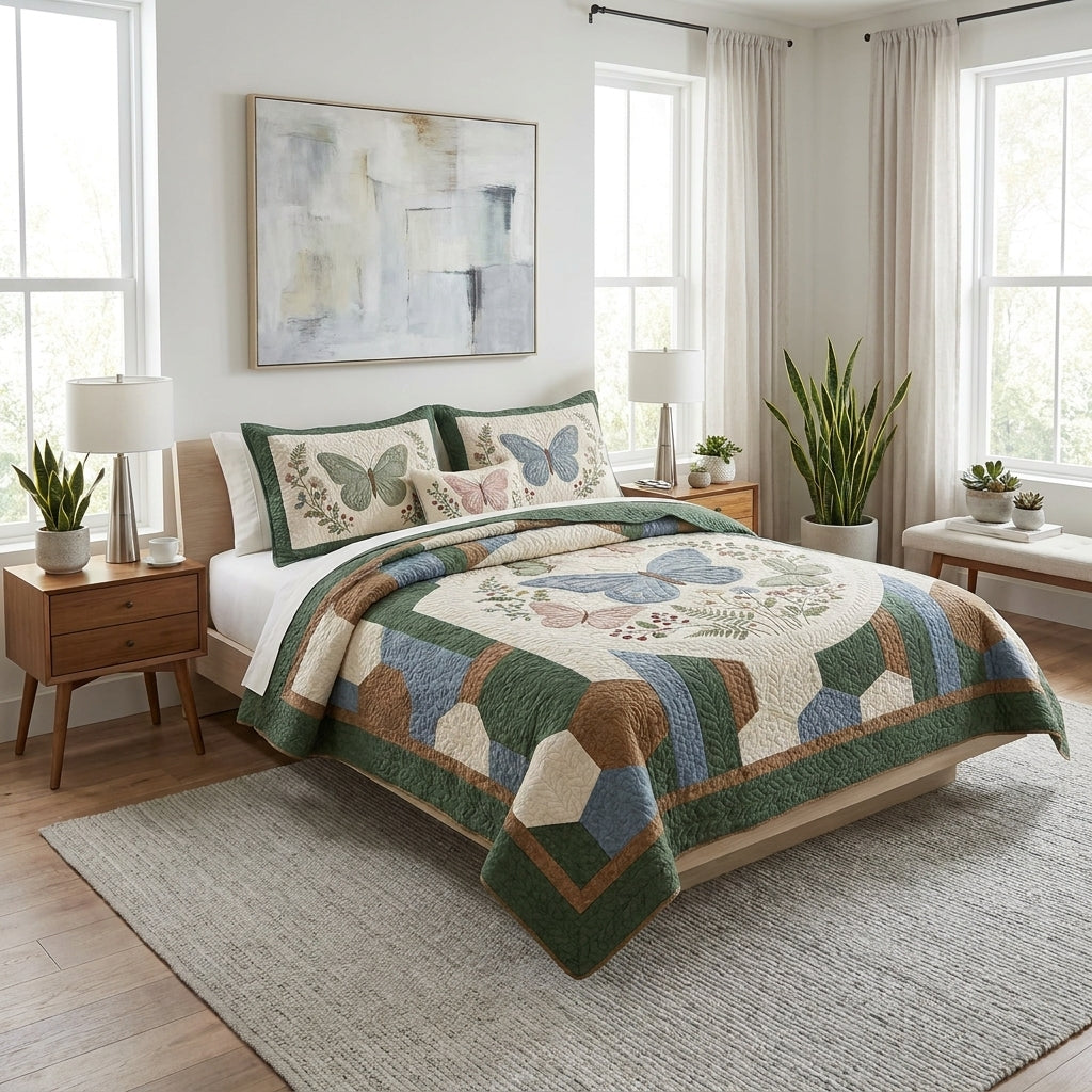 Blue Butterfly Quilted Bedding Set