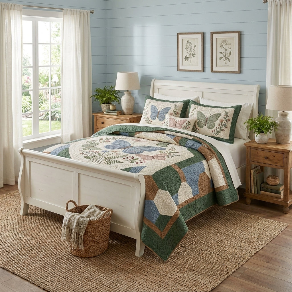 Blue Butterfly Quilted Bedding Set