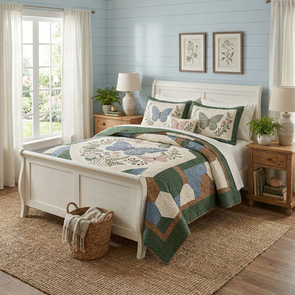 Blue Butterfly Quilted Bedding Set