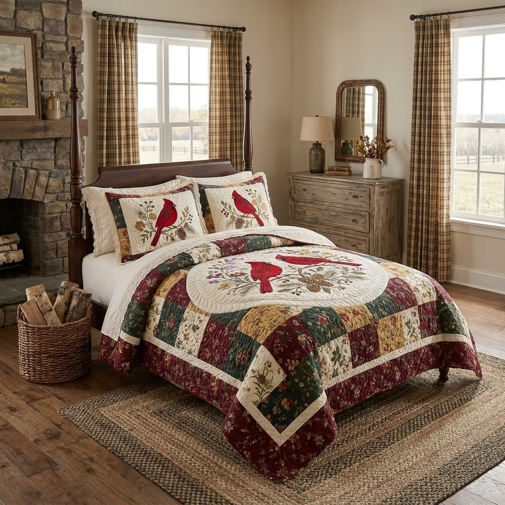 Cardinal Couple Quilted Bedding Set