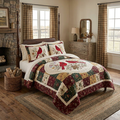 Cardinal Couple Quilted Bedding Set