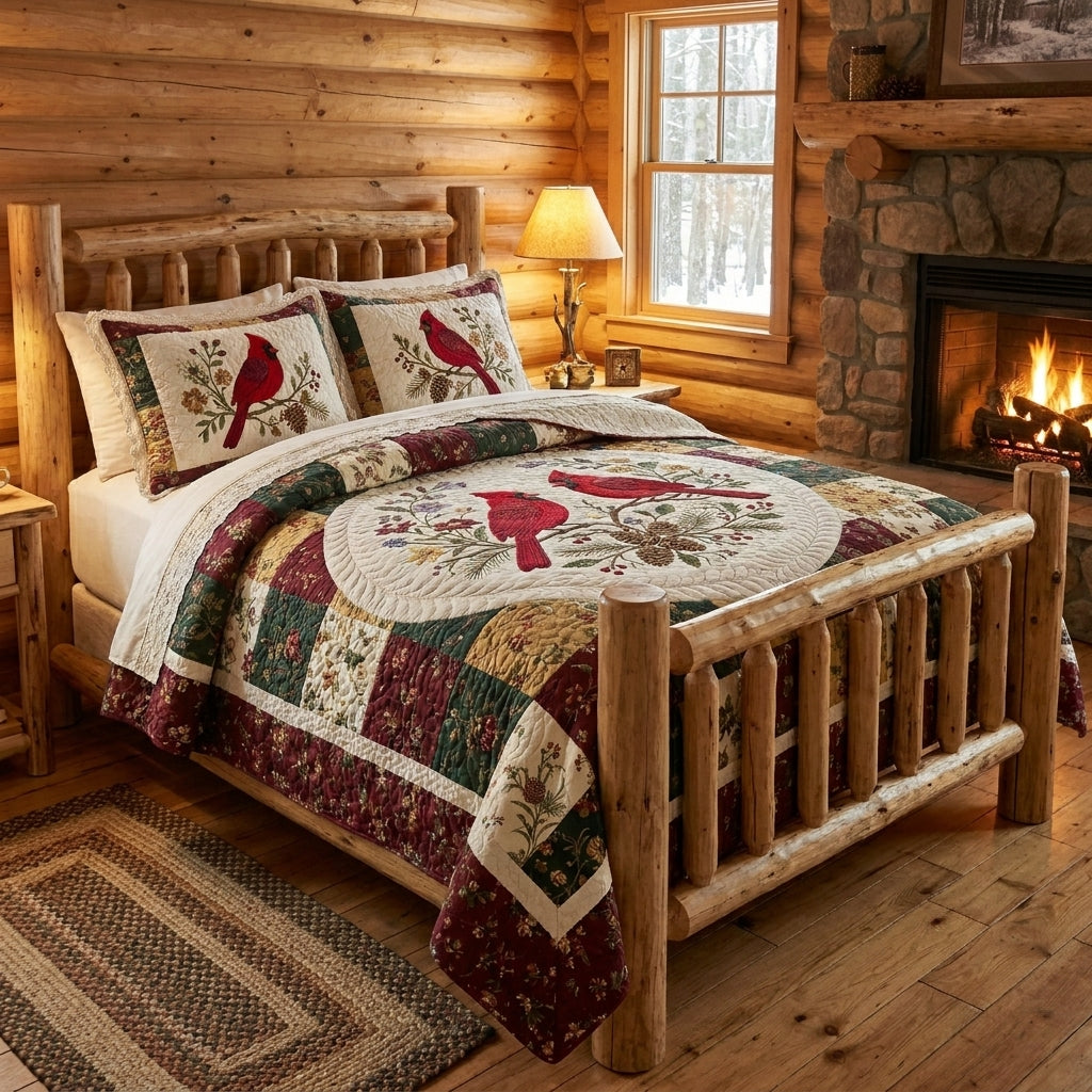Cardinal Couple Quilted Bedding Set