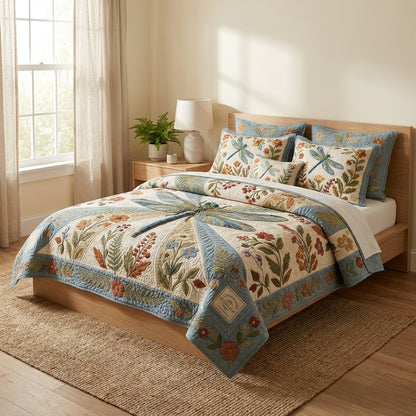 Dragonfly and Flowers Quilted Bedding Set