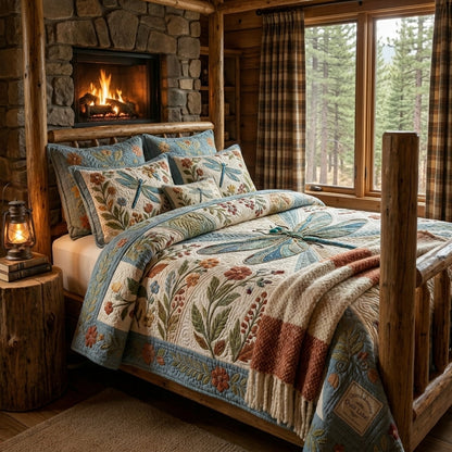 Dragonfly and Flowers Quilted Bedding Set