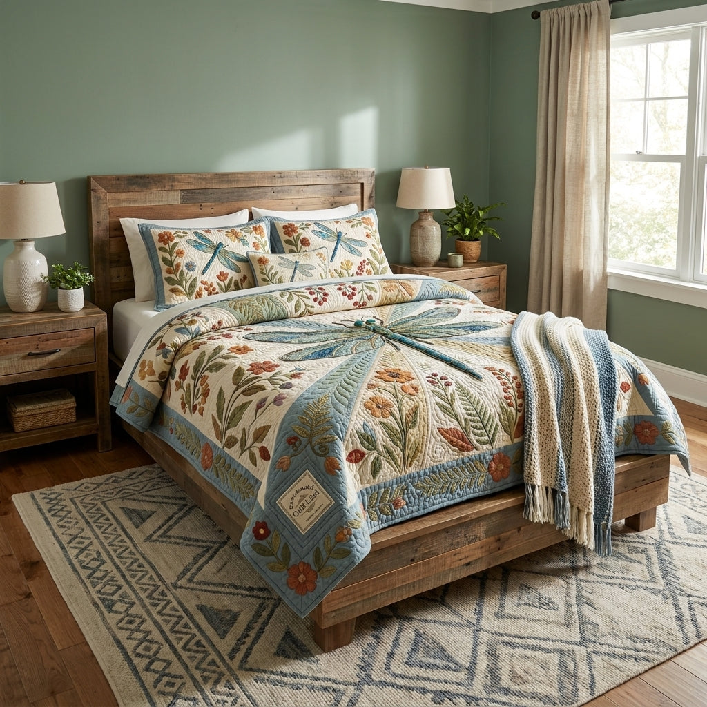 Dragonfly and Flowers Quilted Bedding Set