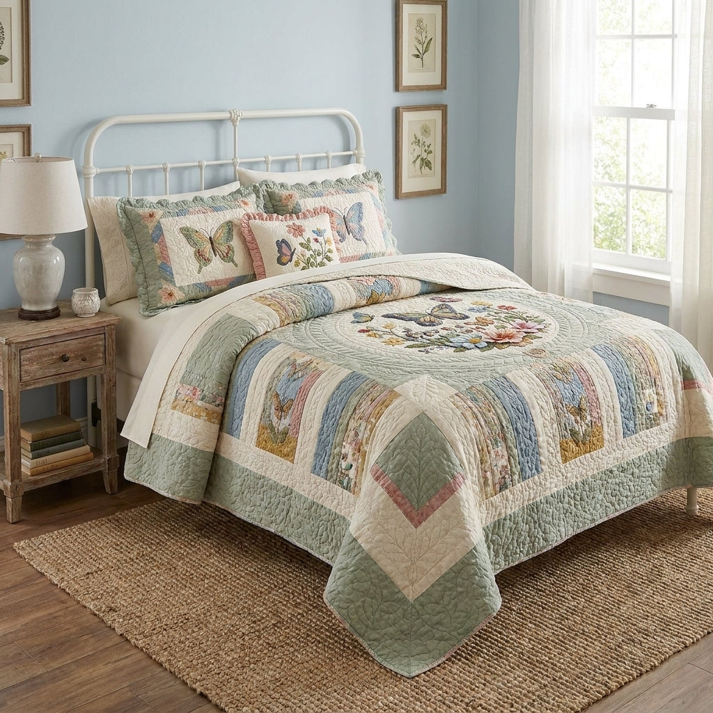 Floral Butterflies Quilted Bedding Set