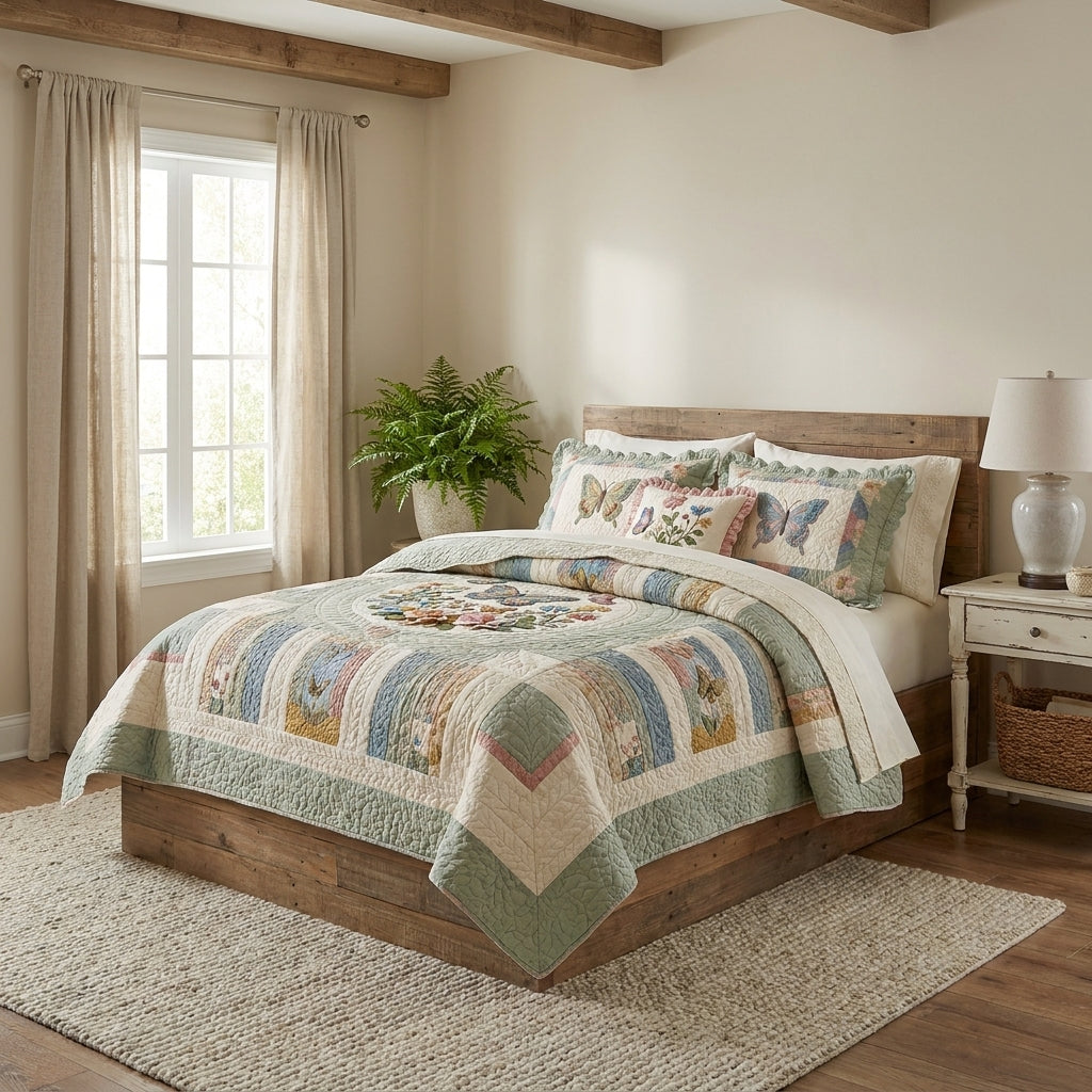 Floral Butterflies Quilted Bedding Set