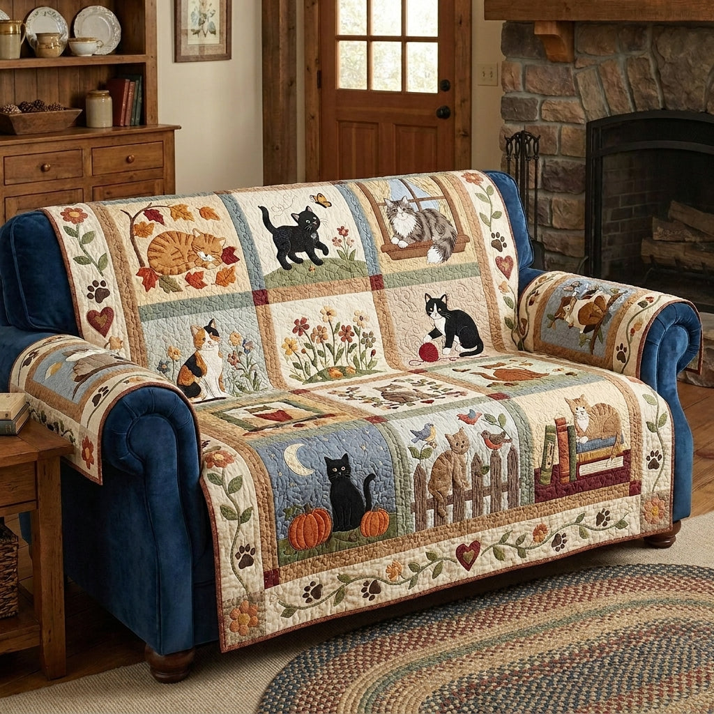 Fall Vibes Cat Quilted Sofa Cover