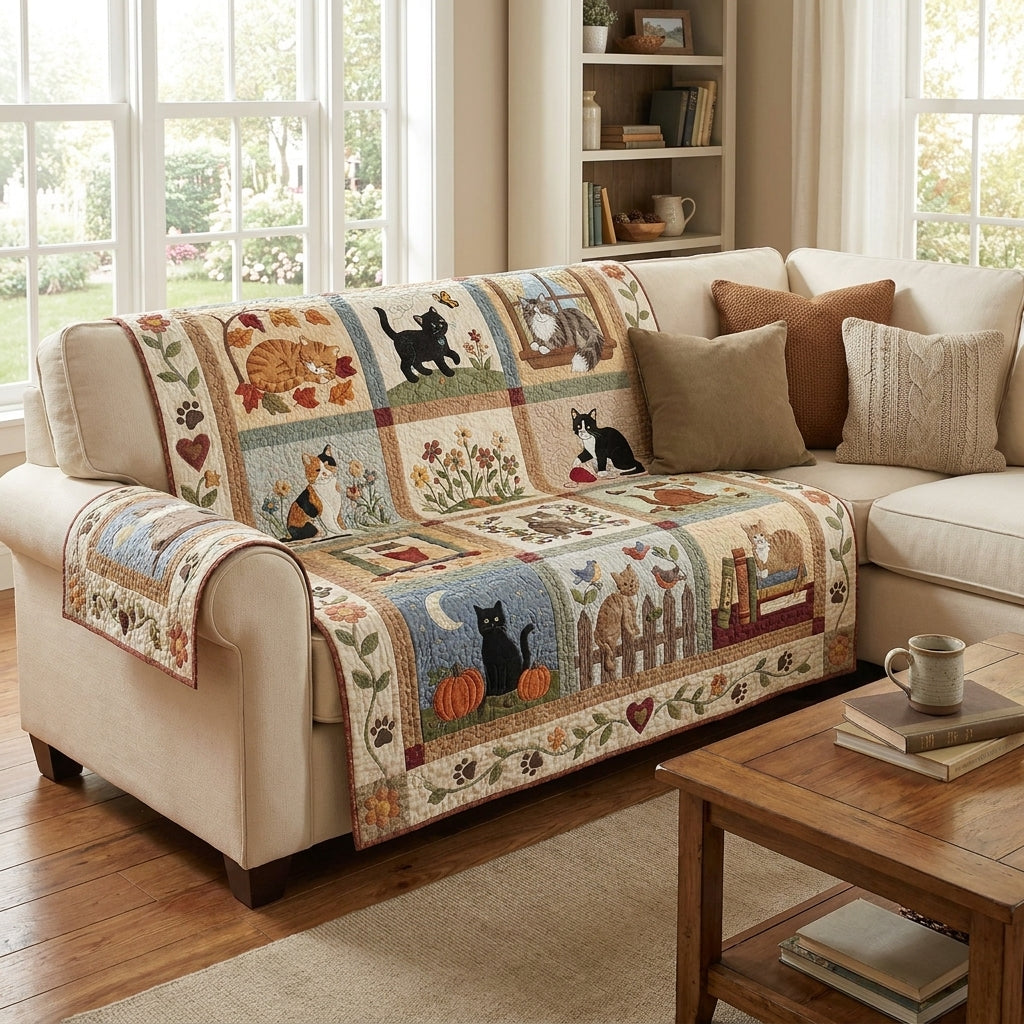 Fall Vibes Cat Quilted Sofa Cover