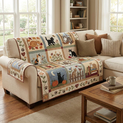 Fall Vibes Cat Quilted Sofa Cover