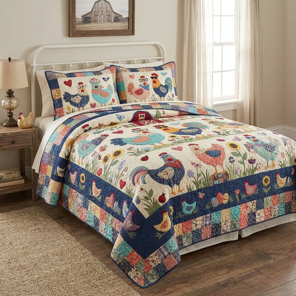 Colorful Chicken Quilted Bedding Set