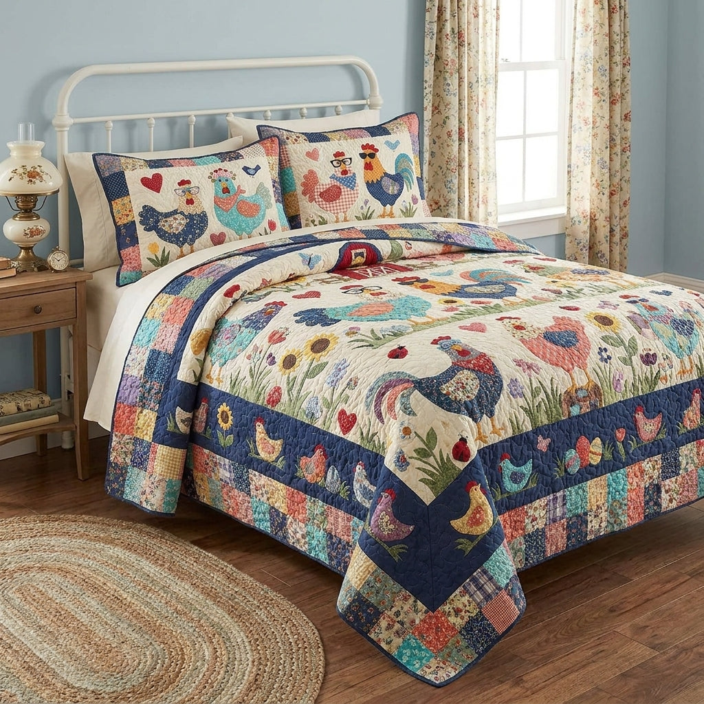 Colorful Chicken Quilted Bedding Set