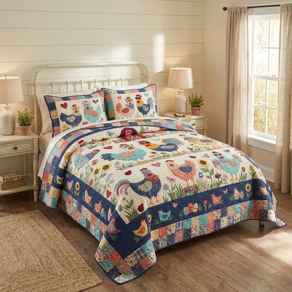 Colorful Chicken Quilted Bedding Set