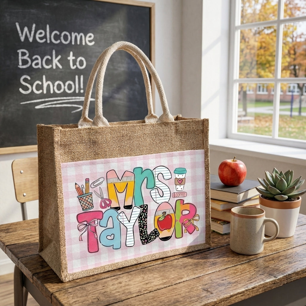 Teacher Name V2 Personalized Jute Tote Bag