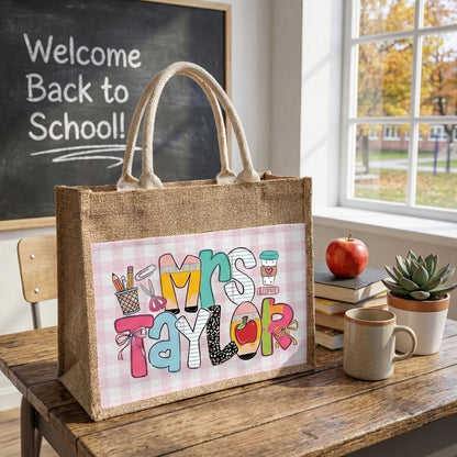 Teacher Name V2 Personalized Jute Tote Bag