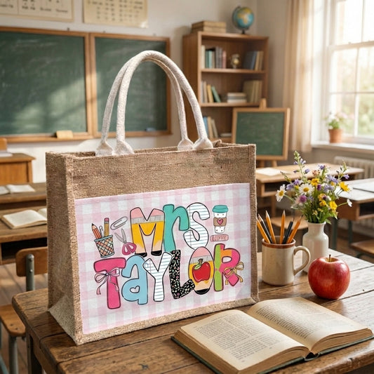 Teacher Name V2 Personalized Jute Tote Bag
