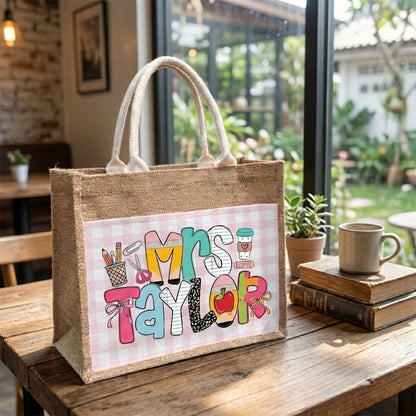 Teacher Name V2 Personalized Jute Tote Bag