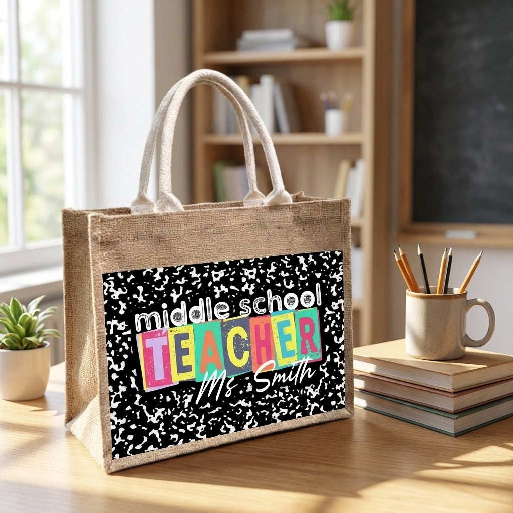 Teacher Name V1 Personalized Jute Tote Bag