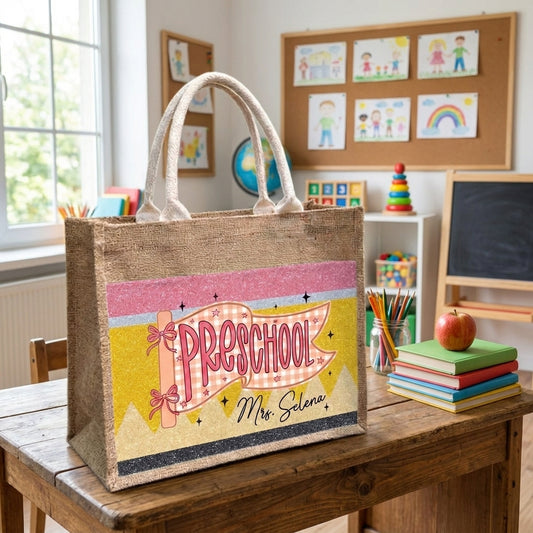 Teacher Name V3 Personalized Jute Tote Bag