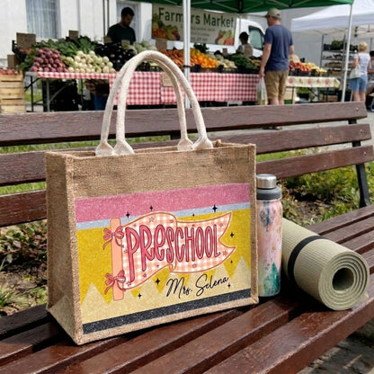Teacher Name V3 Personalized Jute Tote Bag