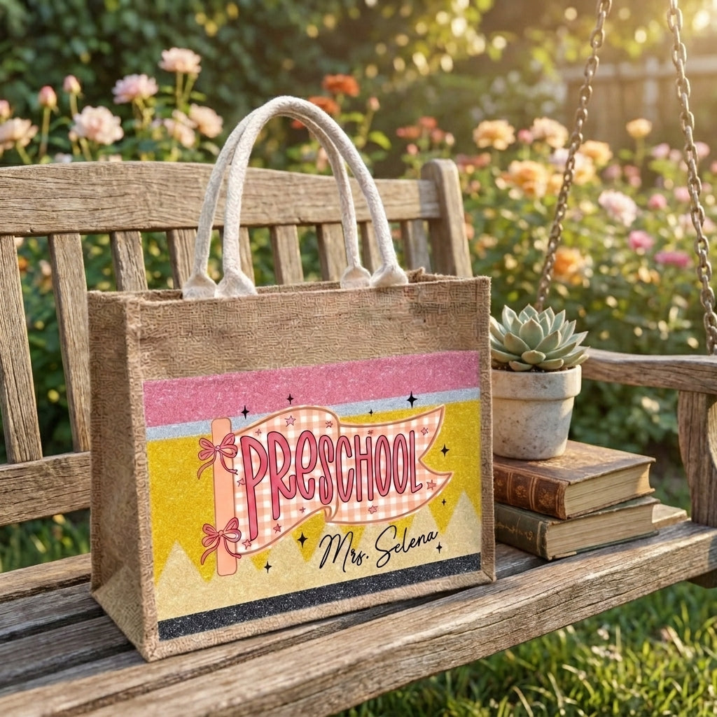 Teacher Name V3 Personalized Jute Tote Bag