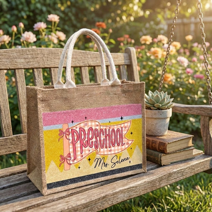 Teacher Name V3 Personalized Jute Tote Bag