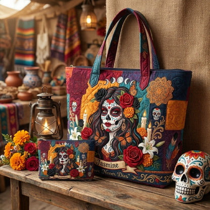 Love Never Dies Rose Skull Lady Personalized Quilted Tote Bag & Free-Motion Embroidery Wallet Set