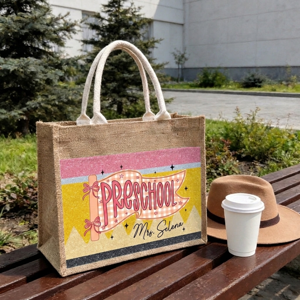 Teacher Name V3 Personalized Jute Tote Bag